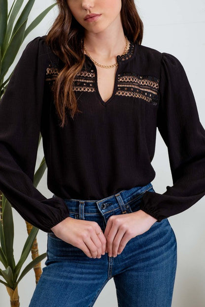 Janet - Eyelet Trim Long Sleeve Knit Top