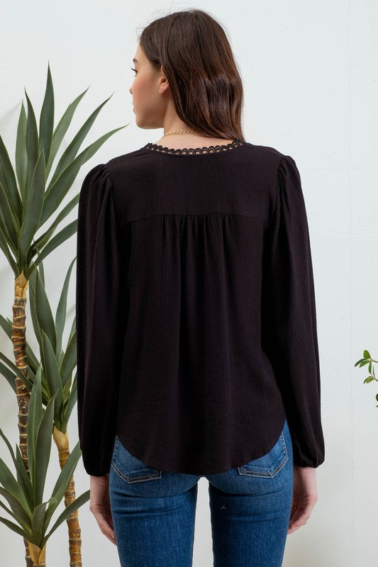 Janet - Eyelet Trim Long Sleeve Knit Top