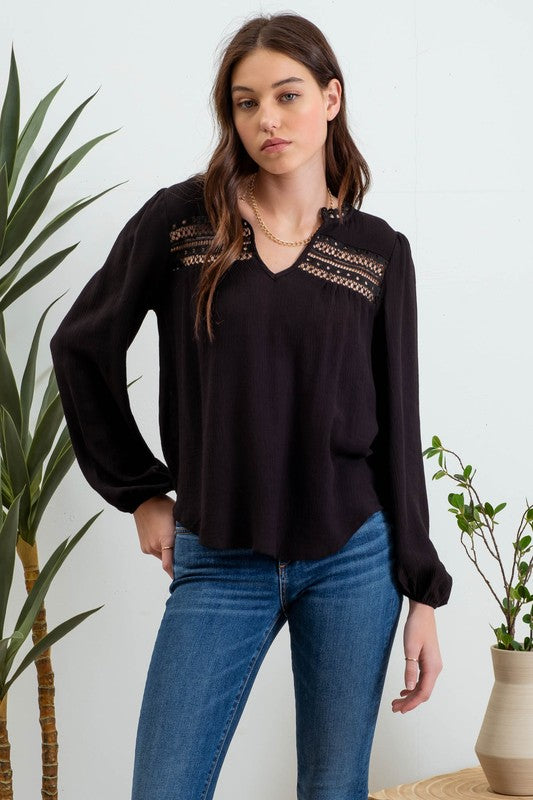 Janet - Eyelet Trim Long Sleeve Knit Top