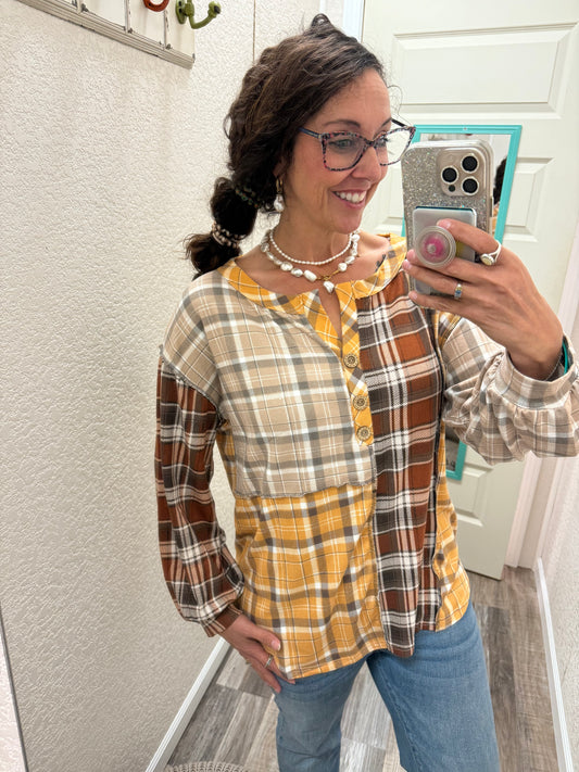 Forever Fall Henley Patchwork Top