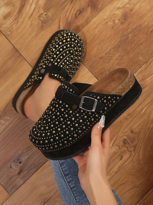 Black Rivet Buckle Closed Toe Platform Slippers