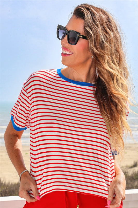 Retro Stripe Tee- White and Red