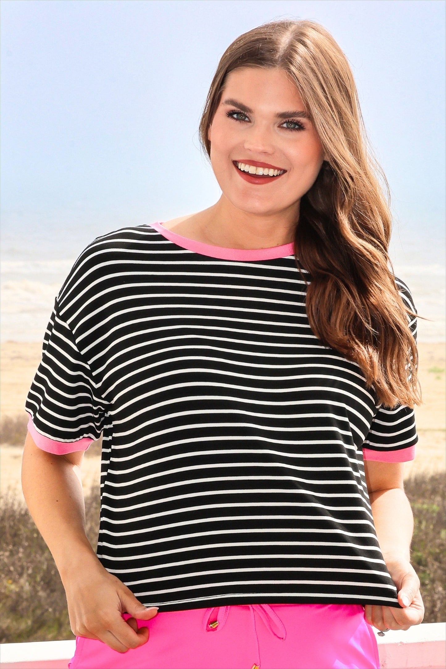 Retro Stripe Tee- Black and Pink