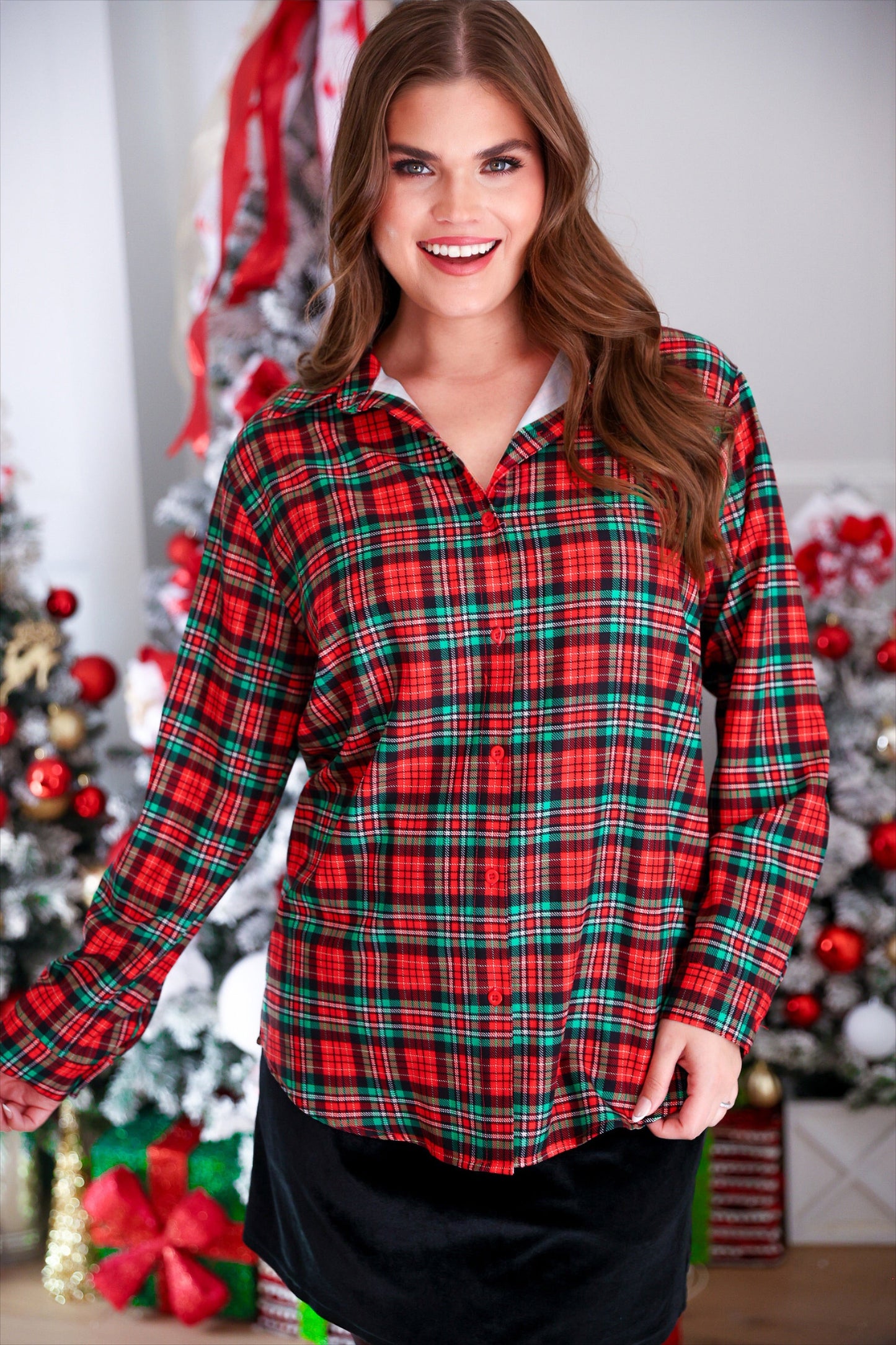 PREORDER- Nina Button Up Tunic- Christmas Plaid