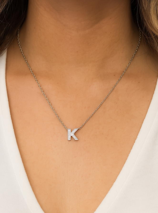 Custom Impression Initial Necklace - Water Resistant & Pave Crystal
