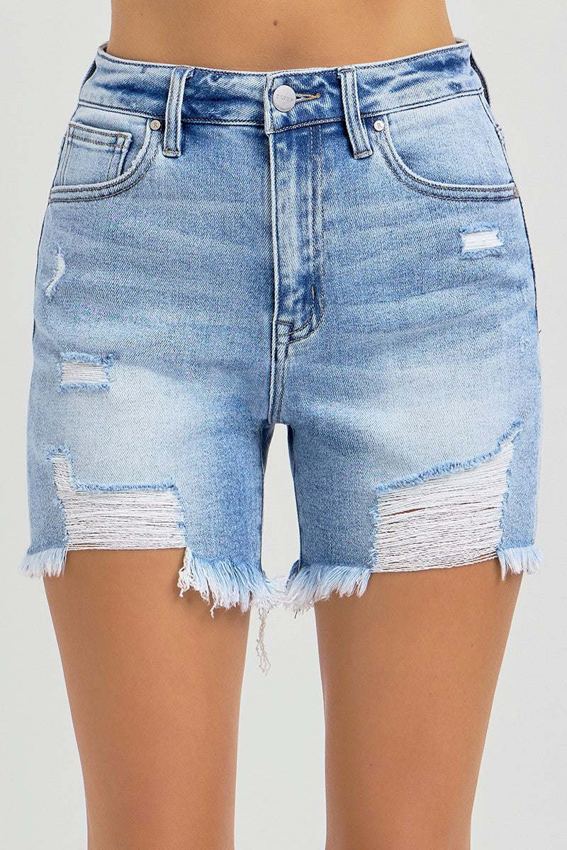 Zelda High Rise Distressed Mid Thigh Shorts Light Wash