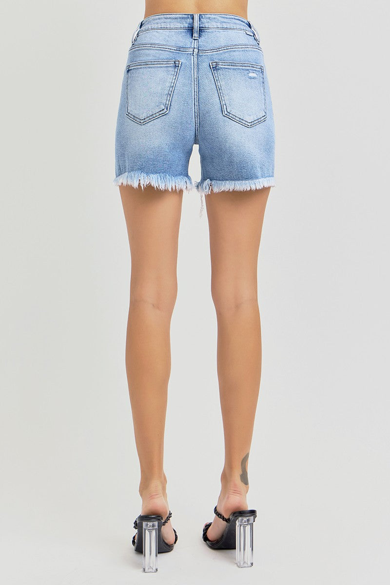 Zelda High Rise Distressed Mid Thigh Shorts Light Wash