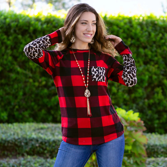Red Buffalo Plaid Leopard Patch Pocket Long Sleeve Top