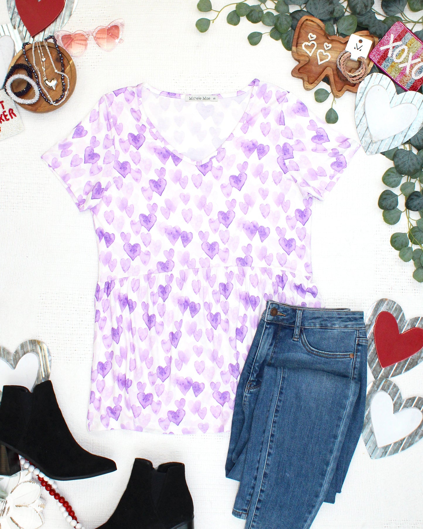 PREBOOK Sarah Ruffle Short Sleeve Top - Lavender Hearts