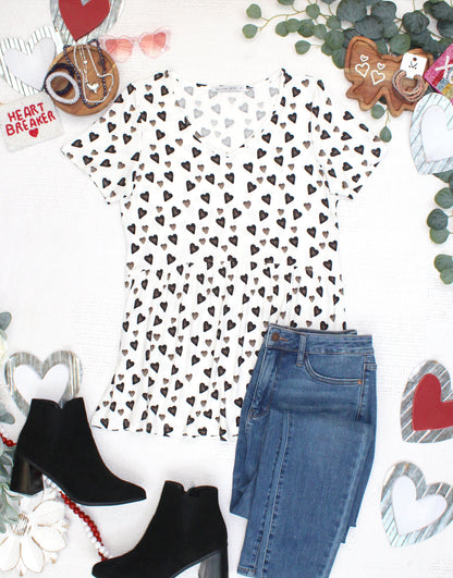 PREBOOK Sarah Ruffle Short Sleeve Top - Monochrome Hearts