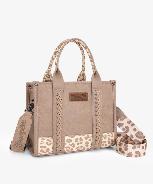 Tan Wrangler Leopard Print Crossbody Tote Bag