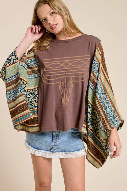 Cowboy Stitch Graphic Sheer Boho Kaftan Top: BROWN
