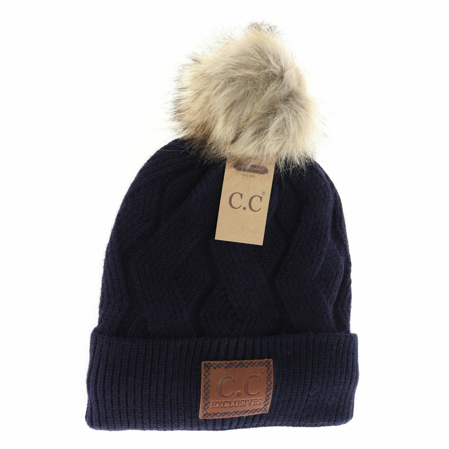 Geometric Knit Faux Fur Pom Beanie HAT