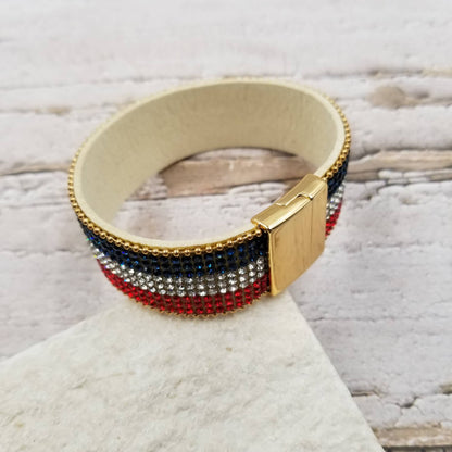 July 4th National Flag Diamond Leather Magnetic Bracelet