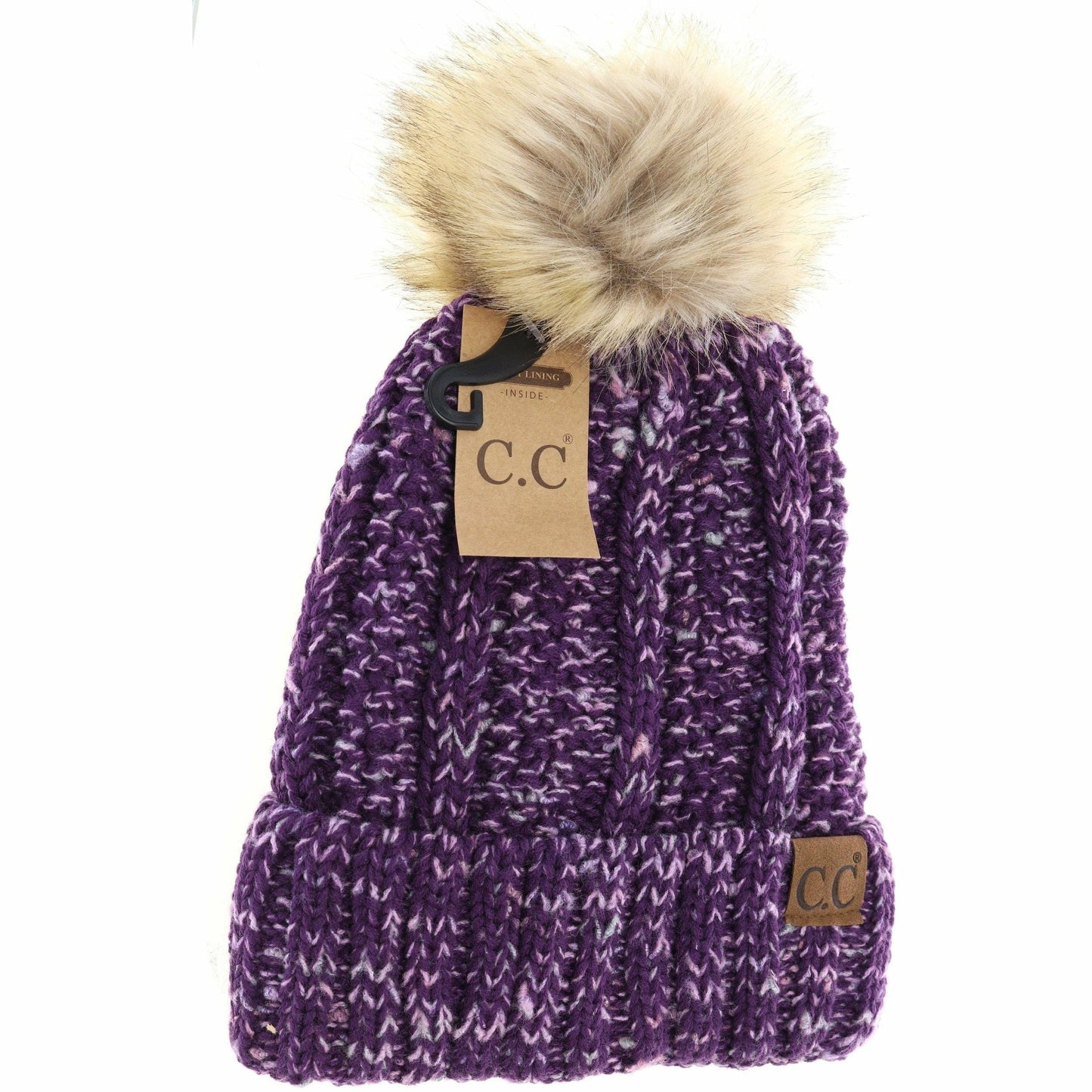 Fuzzy Lined Confetti Knit Fur Pom CC Beanie