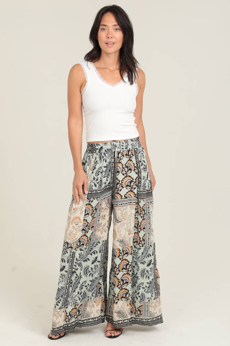 Jamaica PATCHWORK PRINT WIDE LEG PANTS WITH ELASTIC WAIST