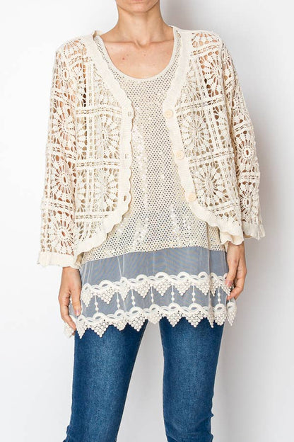 Candi Cropped Scalloped Crochet Button-Front Cardigan