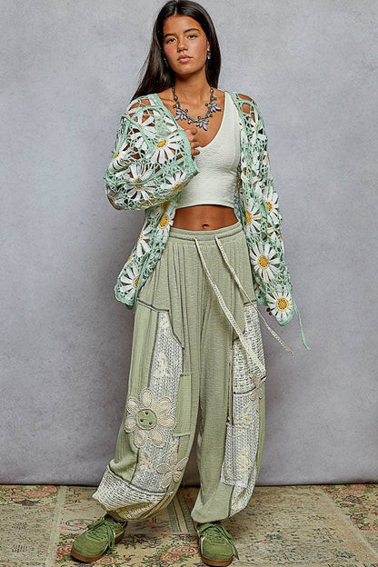 Daisy Long sleeve V neck crochet knit open cardigan: One Size