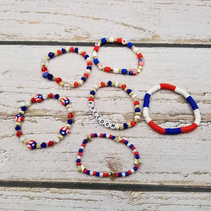 4th of July Heishi Freedom Patriotic Braclet Set Of 6