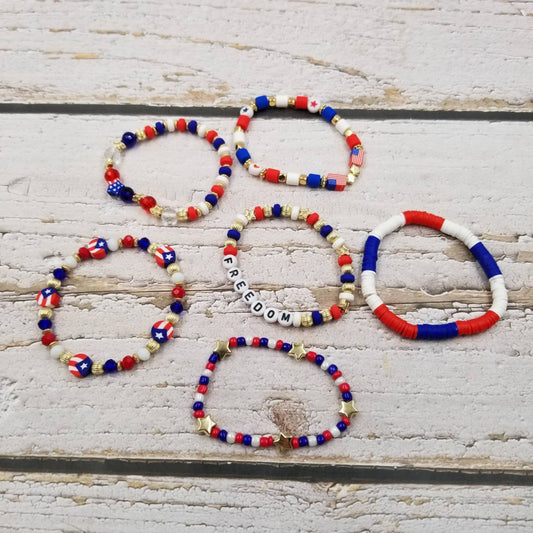 4th of July Heishi Freedom Patriotic Braclet Set Of 6