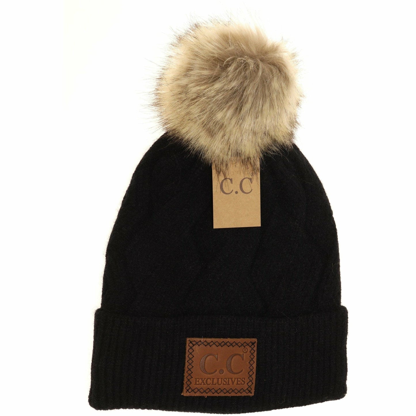 Geometric Knit Faux Fur Pom Beanie HAT