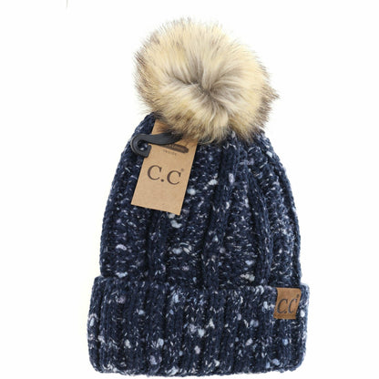 Fuzzy Lined Confetti Knit Fur Pom CC Beanie