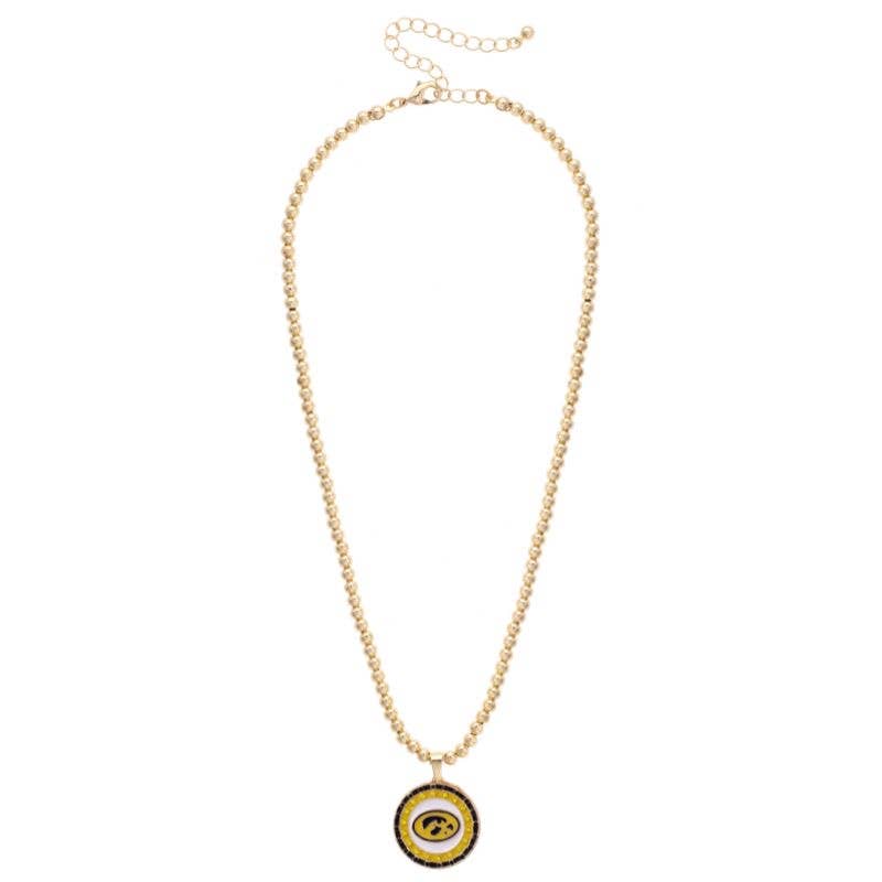 Iowa Hawkeyes Pave Disc Necklace in Shiny Gold