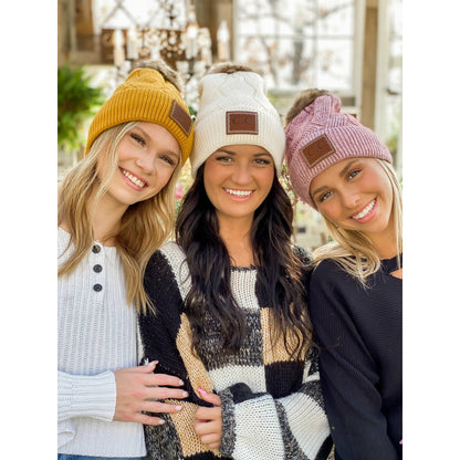 Geometric Knit Faux Fur Pom Beanie HAT