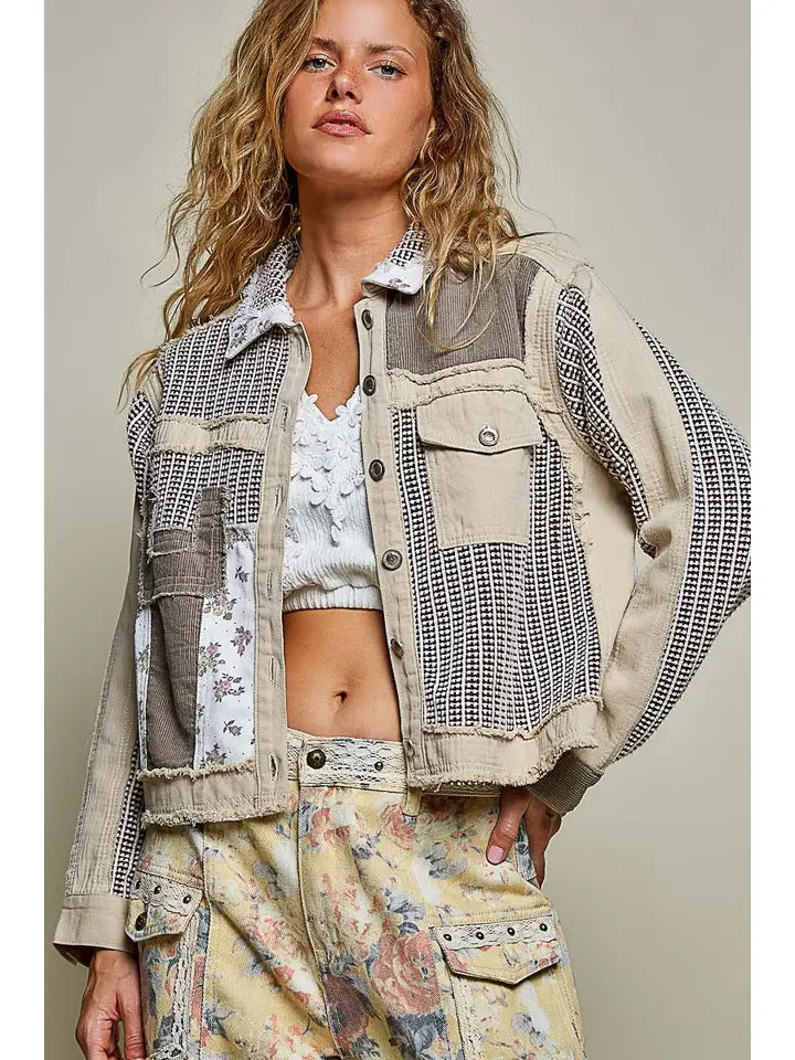 Vintage Patchwork Floral Geometric Neutral Cropped Jacket