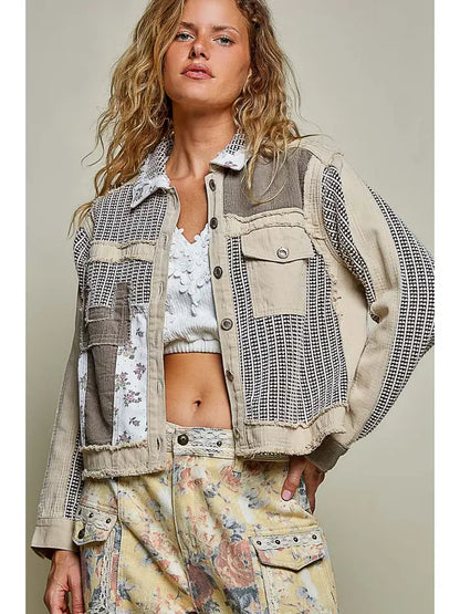 Vintage Patchwork Floral Geometric Neutral Cropped Jacket