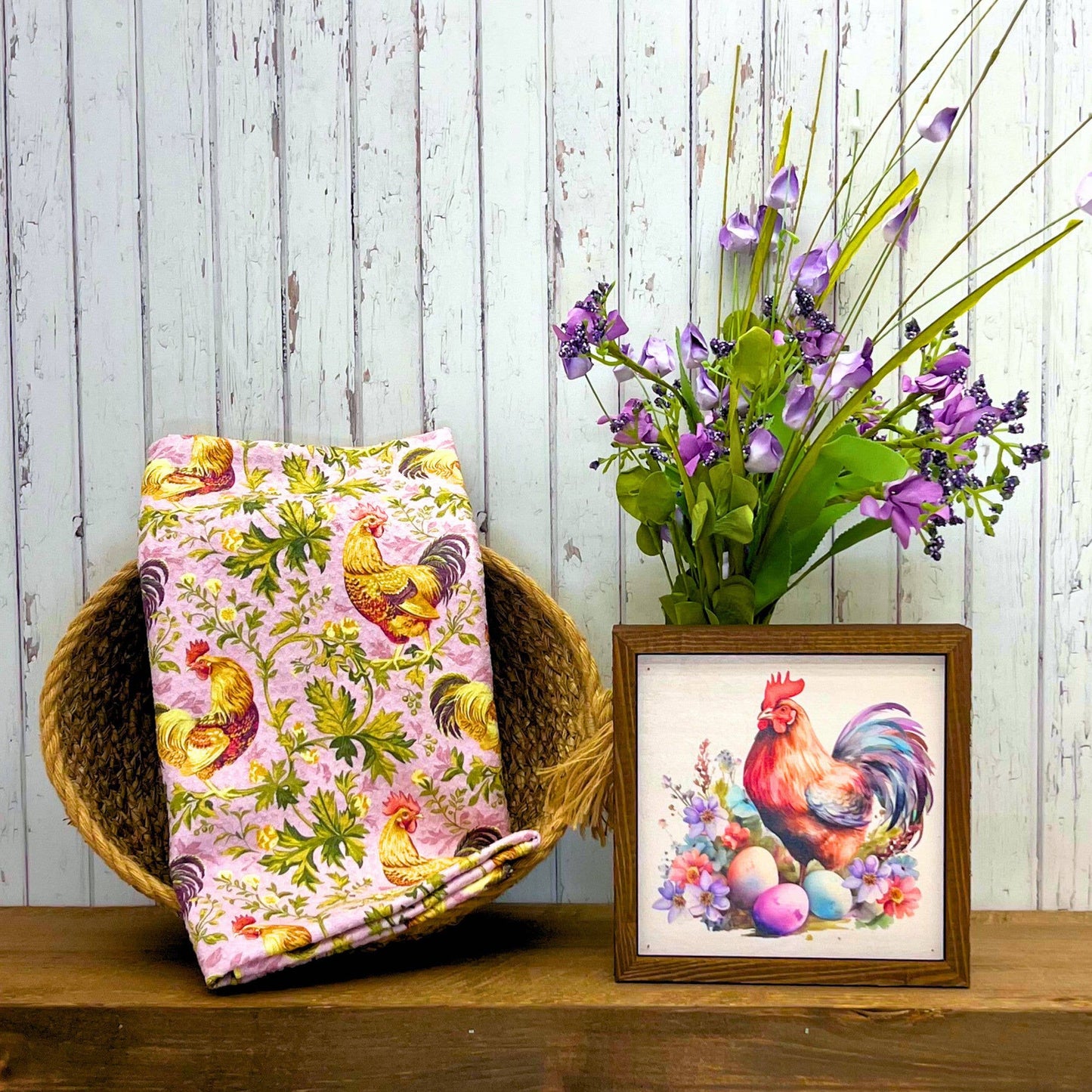 Lavender Rooster Kitchen Waffle Tea Towels - Summer Decor