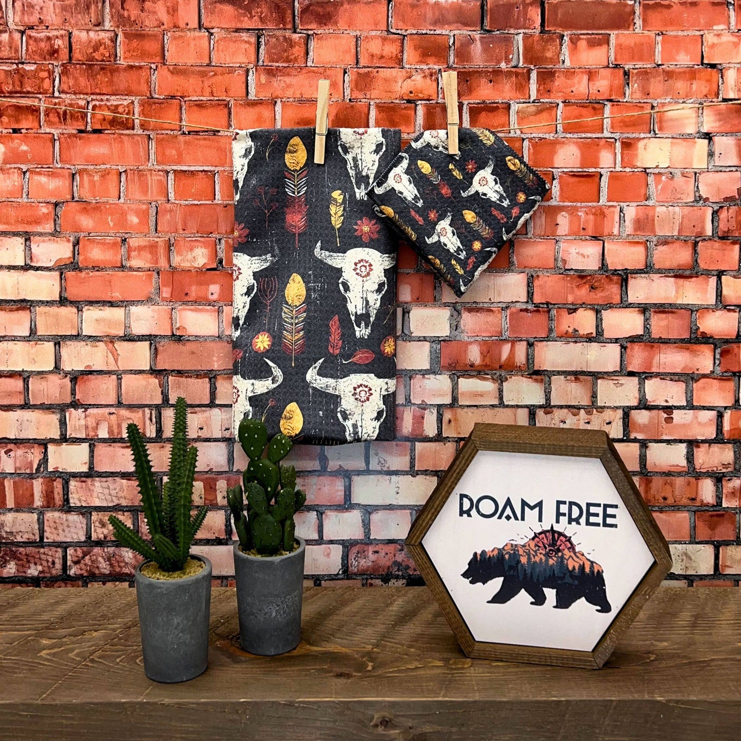 Western Painted Bison Skull Waffle Dish Towels - Home Decor