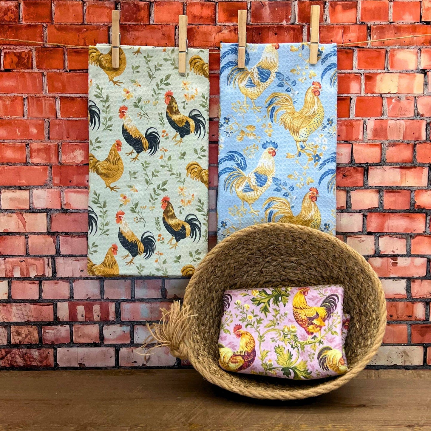 Lavender Rooster Kitchen Waffle Tea Towels - Summer Decor