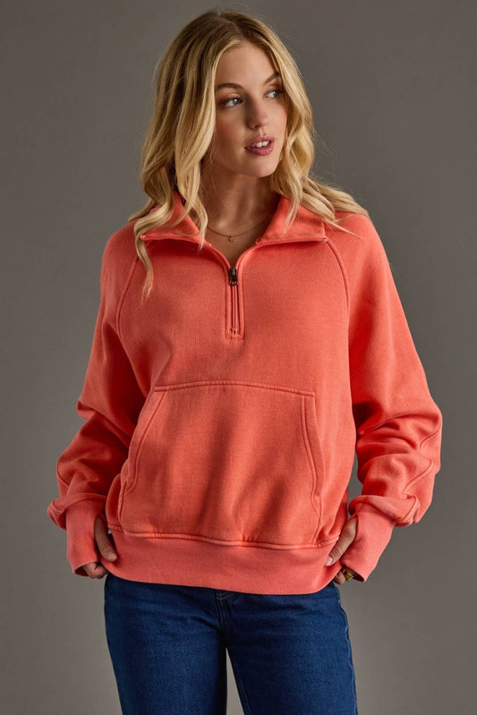 Thumbelina Coral Quarter Zip Sweatshirt With Thumbholes