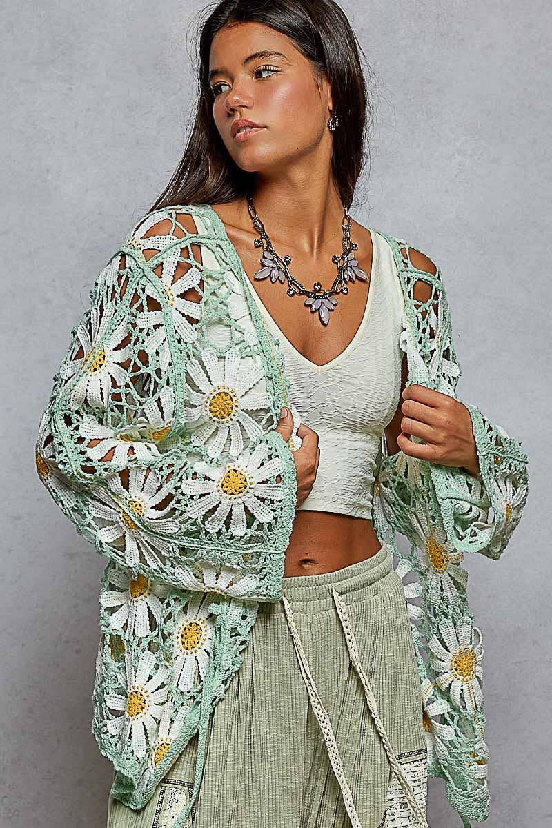 Daisy Long sleeve V neck crochet knit open cardigan: One Size