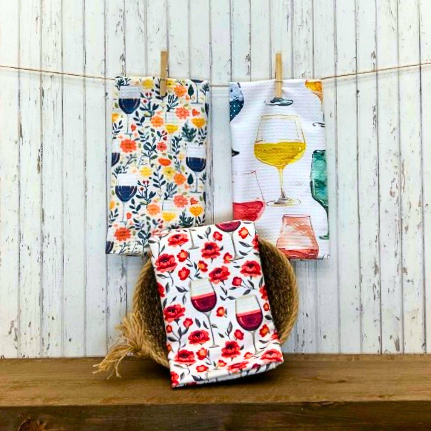 Wine & Flowers Kitchen Decor Waffle Tea Towels - Mothers Day