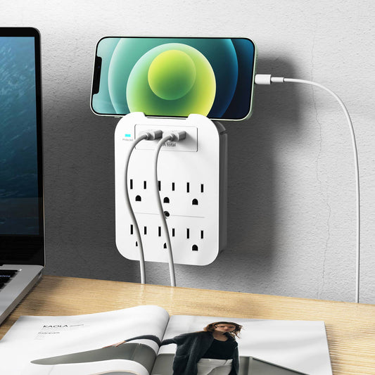 White Charge Surge Protector, 6 Outlets/2 USB Ports