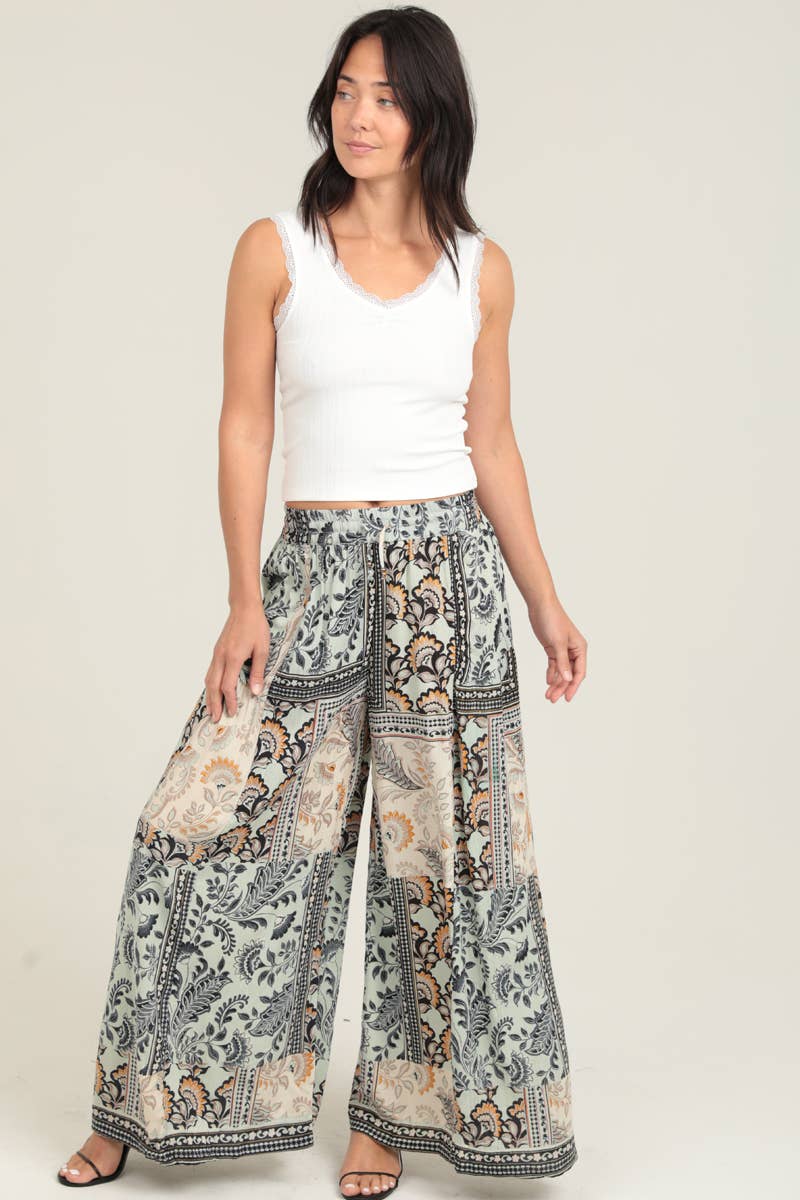 Jamaica PATCHWORK PRINT WIDE LEG PANTS WITH ELASTIC WAIST