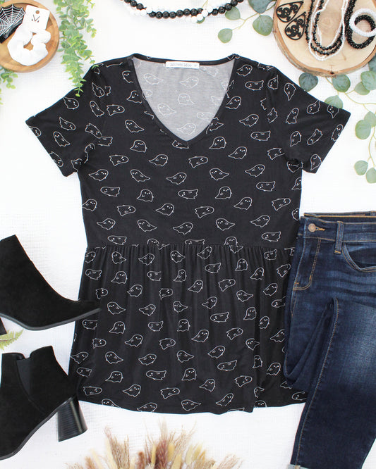 Sarah Ruffle Short Sleeve - Midnight Ghosts